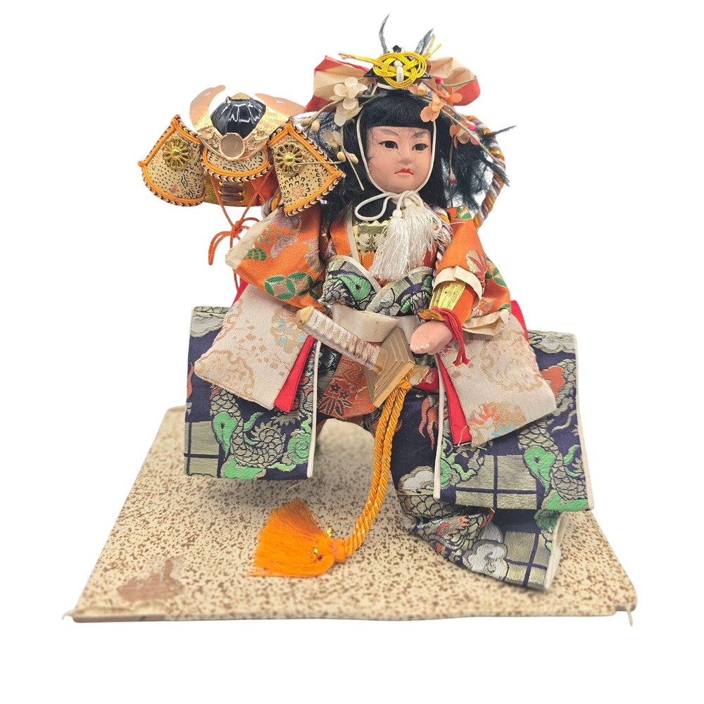 Vintage Japanese Musha Ningyo Samurai Warrior Doll Silk Brocade 10" Figurine